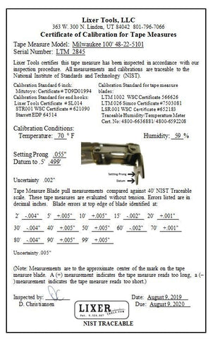 Sample NIST Traceable Certification for a 100 ft tape measure sold by Lixer Tools