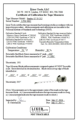 A certification document page for a LIXER Tools, LLC tape measure model LTM 5862, showing text details, calibration information, and a small product photo of the tape measure on a white background.