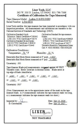 A document page showing a Lister Tools Tape Measure Calibration Certificate for a 33-inch tape measure, with a small photo of the tape measure on the right side. The certificate includes calibration details, inspection information, and Lister Tools branding.