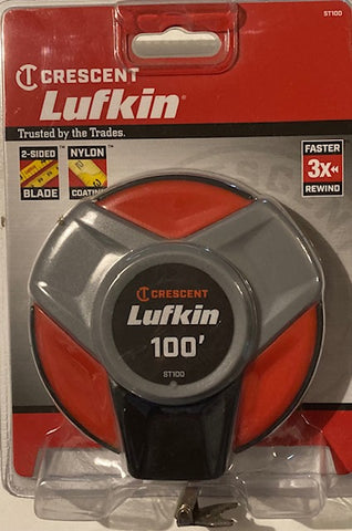 Crescent Lufkin 100-foot tape measure in its original retail blister packaging, featuring a red, gray, and black design with a clear plastic protective cover.