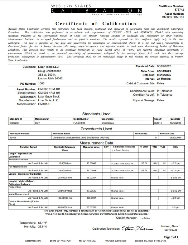 Lixer H Gage Block (GB101H55) Accuracy +/.0005 * +/.0005 Hardened