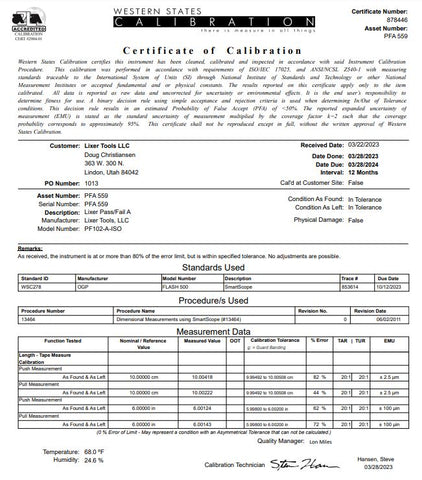 Pass / Fail Lixer A (PF 102-A-ACC-ISO) +/-.002" Lasered Calibration Lines Accredited ISO Certification