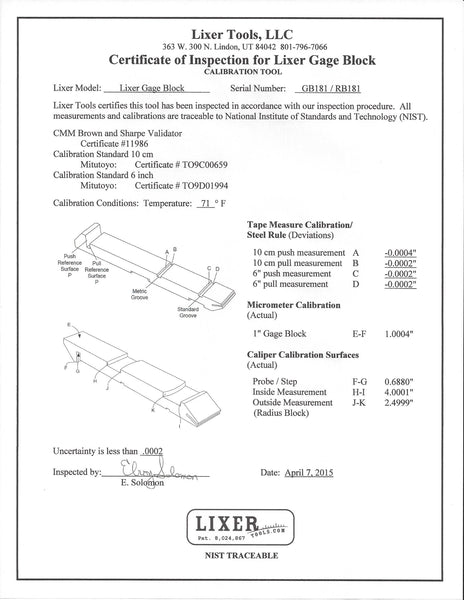 Lixer H Gage Block (GB101-H-55) Accuracy +/-.0005 * +/-.0005 Hardened ...