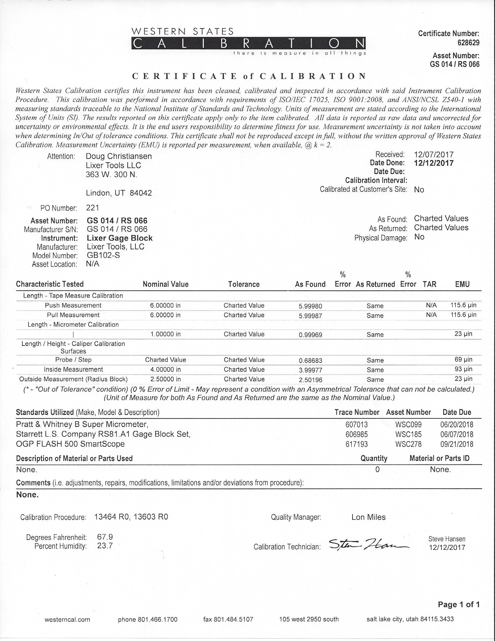 Lixer H Gage Block (GB101H55) Accuracy +/.0005 * +/.0005 Hardened