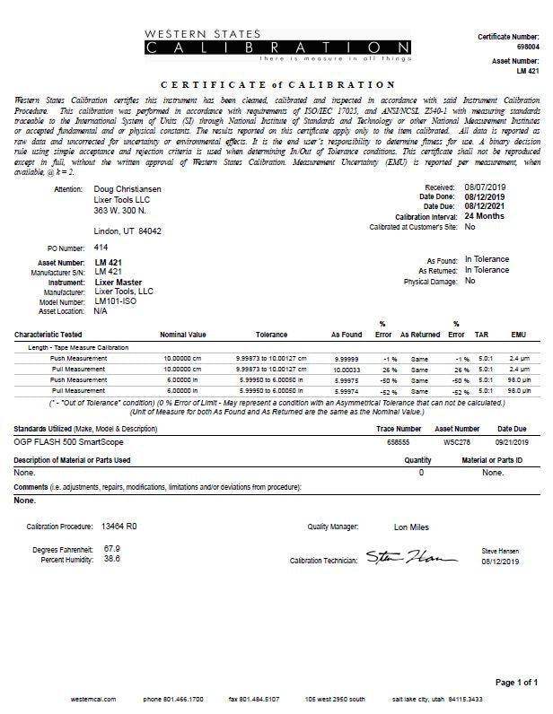 Lixer Master Tape Measure Calibration Tool with Independent ISO