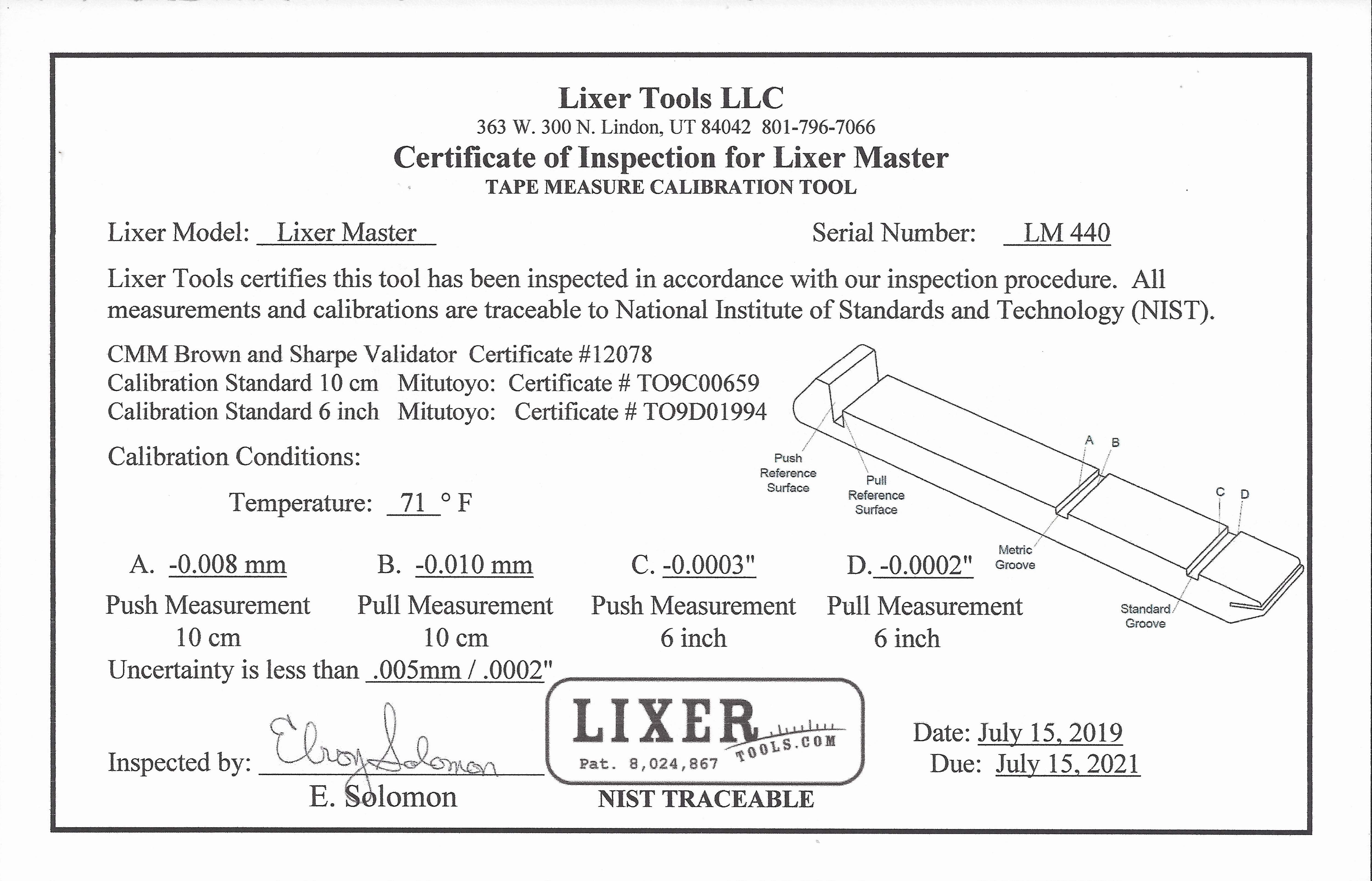 Lixer Master Tape Measure Calibration Tool with NIST traceability